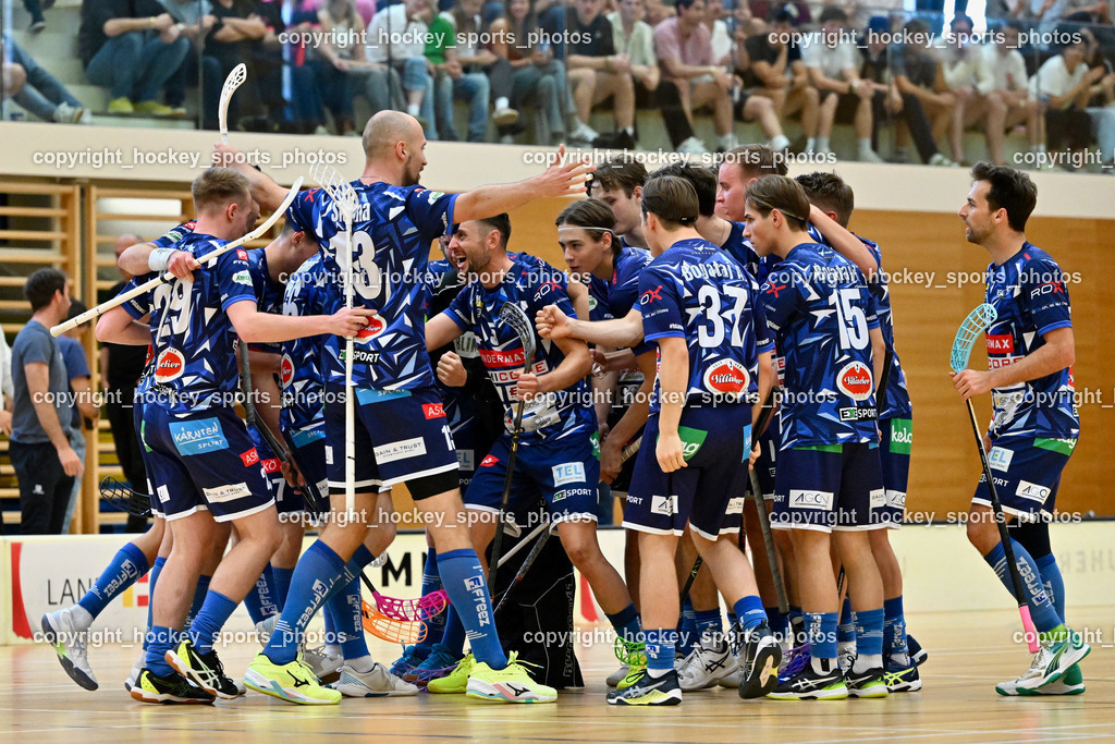 VSV Unihockey vs. Wiener Floorball Verein | Jubel VSV Unihockey Mannschaft, VSV Unihockey vs. Wiener Floorball Verein, VSV Unihockey vs. Wiener Floorball Verein am 18.05.2025 in Villach (Ballspielhalle St. Martin), Austria, (Photo by Bernd Stefan)
