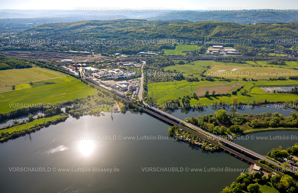 Wetter240503475 | Luftbild, Ruhrbrücke und Ruhraue, Obergrabenbrücke Friedrichstraße und Eisenbahnbrücke, Gewerbegebiet Weststraße, Güterbahnhof Vorhalle, Wetter, Ruhrgebiet, Nordrhein-Westfalen, Deutschland