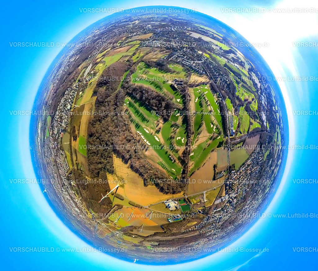 Castrop-Rauxel240190151GolfplatzFrohlinde | Luftbild, Golfplatz Golfclub Castrop-Rauxel e.V. in Frohlinde, sandgefüllte Bunker, Bäume auf der Wiese mit Golf Green, Erdkugel, Fisheye Aufnahme, Fischaugen Aufnahme, 360 Grad Aufnahme, tiny world, little planet, fisheye Bild, Frohlinde, Castrop-Rauxel, Ruhrgebiet, Nordrhein-Westfalen, Deutschland