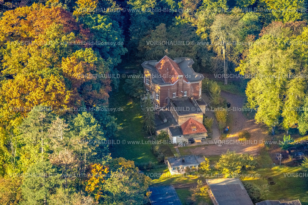 Hamm251001317 | Luftbild, Haus Sylverberg Heim im Kurpark für geflüchtete Jugendliche, Villa im Herbstwald, ehemaliges Jugendgästehaus, Uentrop, Hamm, Ruhrgebiet, Nordrhein-Westfalen, Deutschland