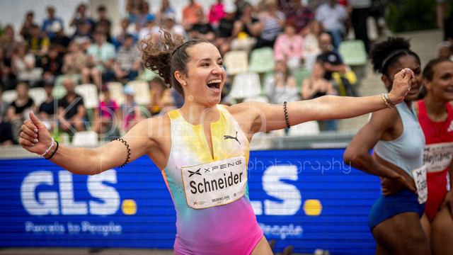Golden Oval; Dresden, 31.05.2026 | DRESDEN , GERMANY - MAY 31:  Rosina Schneider (GER / Germany) competes in the 100m hurdles and reacts after the race during the Golden Oval Continental Tour Silver meeting on May 31, 2026 at Heinz-Steyer-Stadion in Dresden, Saxony, Germany.