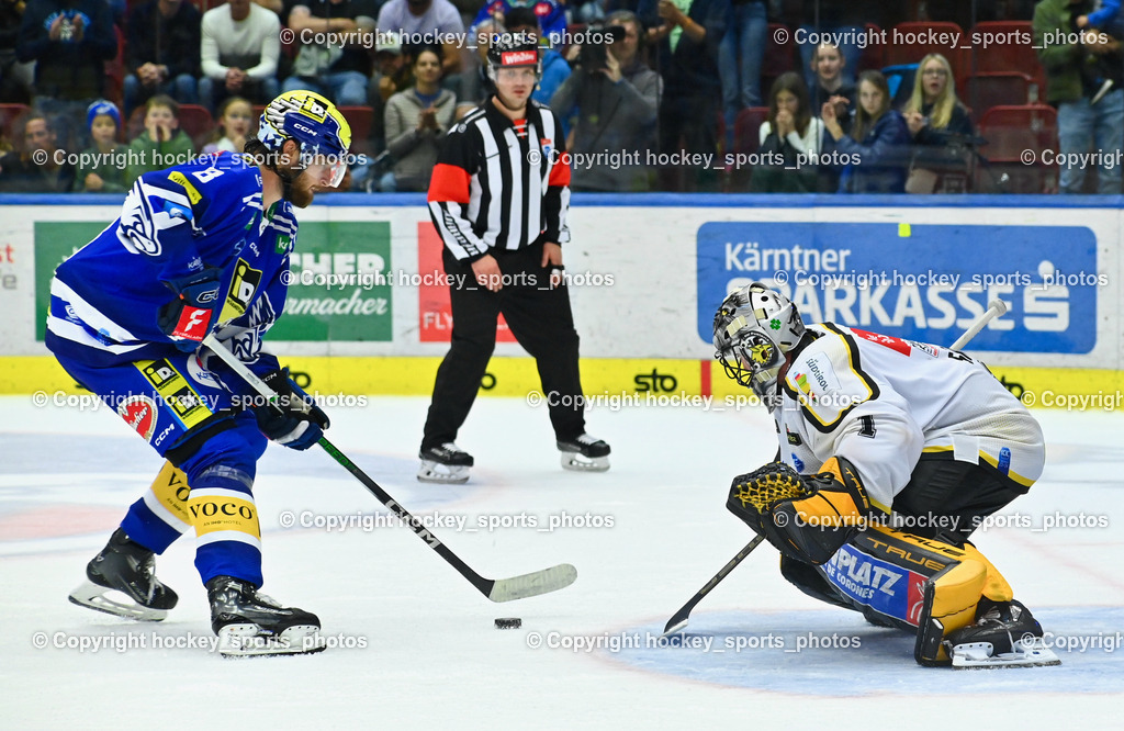 EC IDM Wärmepumpen VSV vs. HC Pustertal 8.10.2023 | #8 REBERNIG Maximilian EC VSV,  #1 SMITH Jacob HC Pustertal, EC IDM Wärmepumpen VSV vs. HC Pustertal 8.10.2023, EC IDM Wärmepumpen VSV vs. HC Pustertal am 08.10.2023 in Villach (Stadthalle Villach), Austria, (Photo by Bernd Stefan)