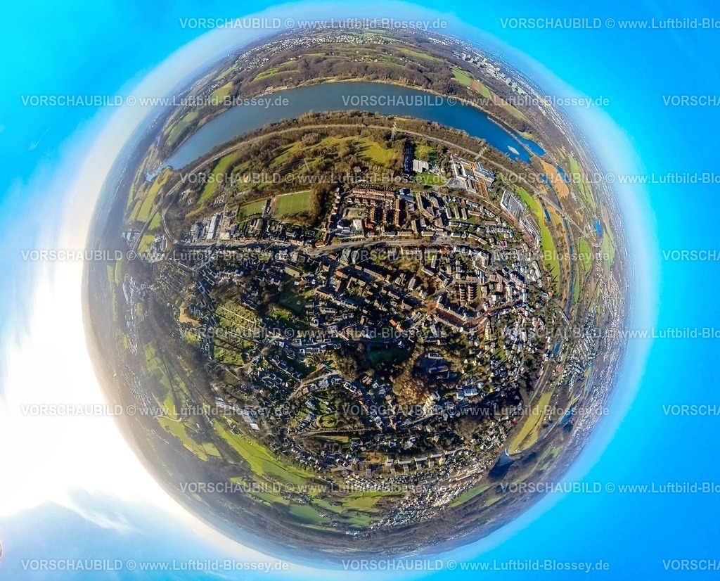 Witten240190039Herbede | Luftbild, Ortsansicht Wohngebiet Ortsteil Herbede mit dem Kemnader See, Erdkugel, Fisheye Aufnahme, Fischaugen Aufnahme, 360 Grad Aufnahme, tiny world, little planet, fisheye Bild, Westherbede, Witten, Ruhrgebiet, Nordrhein-Westfalen, Deutschland