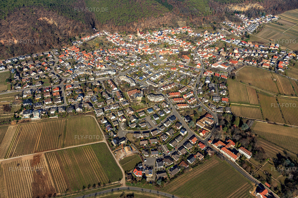 Luftbild: Winzerdorfübersicht aus Südwesten im Winter ohne Schnee im Ortsteil Königsbach in Neustadt im Bundesland Rheinland-Pfalz in Deutschland. Foto: IMG_112783.jpg vom 27.02.2019 durch Werner Riehm/FLY-FOTO.de