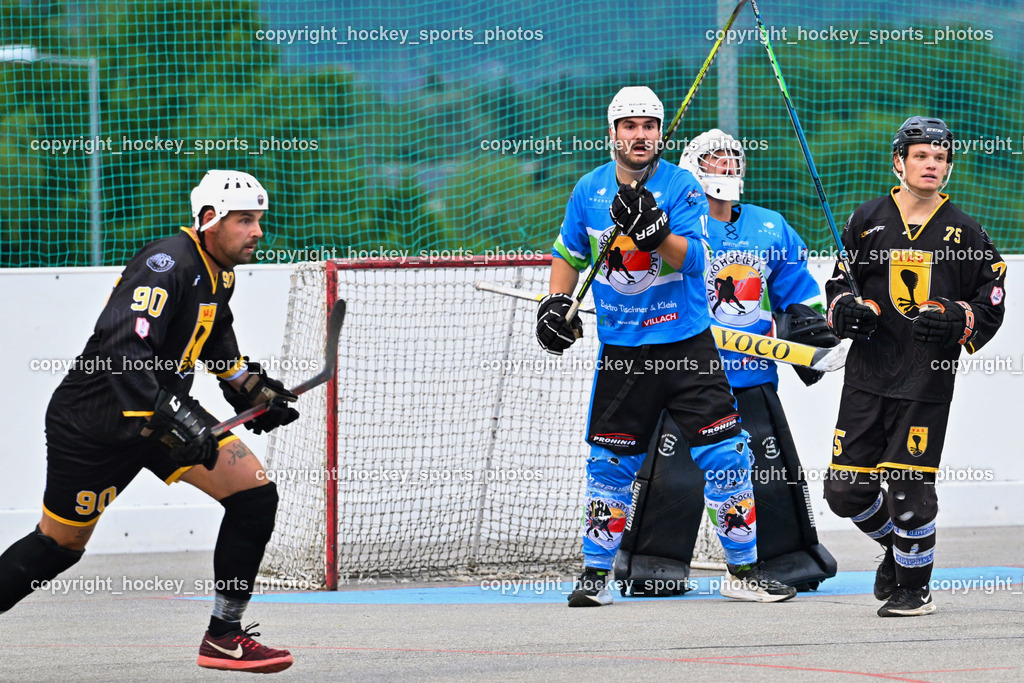 ASKÖ Hockey Villach vs. VAS Ballhockey  | #90 Edlinger Patrick VAS Villach, #11 HEU Marco ASKÖ Villach Hockey, #31 LEPUSCHITZ Leo ASKÖ Villach Hockey, #75 Wohlfahrt Benedikt VAS Villach, ASKÖ Hockey Villach vs. VAS Ballhockey , ASKÖ Hockey Villach vs. VAS Ballhockey  am 06.07.2025 in Villach (Alpen Arena ), Austria, (Photo by Bernd Stefan)