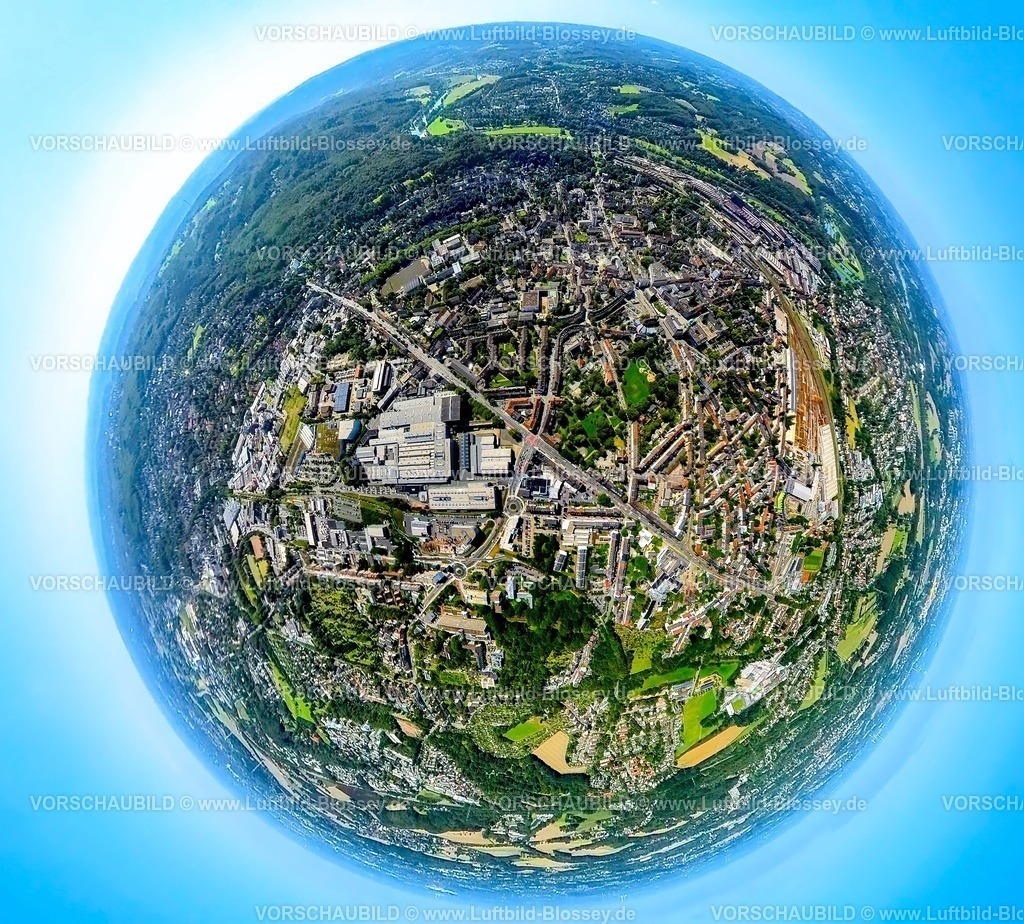 Witten230890051 Ardeystrasse | Luftbild, Ardeystraße mit Radkreuzung, City mit Rathaus, renovierte Pferdebachstraße mit Kreisverkher und Radbrücke, ZF Industrieantriebe Witten GmbH, Erdkugel, Fisheye Aufnahme, Fischaugen Aufnahme, 360 Grad Aufnahme, tiny world, Witten, Ruhrgebiet, Nordrhein-Westfalen, Deutschland