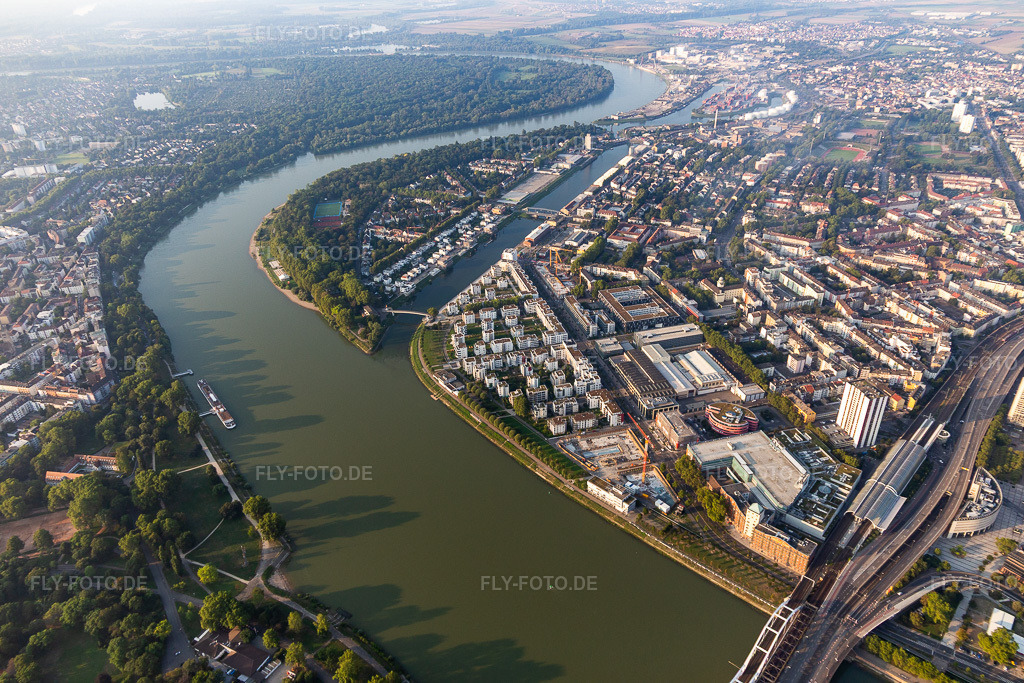 Luftbild: Wohngebiet der Mehrfamilienhaussiedlung an der Rheinpromenade - Rheinallee am Rhein im Ortsteil Süd in Ludwigshafen im Bundesland Rheinland-Pfalz in Deutschland. Foto: IMG_116891.jpg vom 25.08.2019 durch Werner Riehm/FLY-FOTO.de