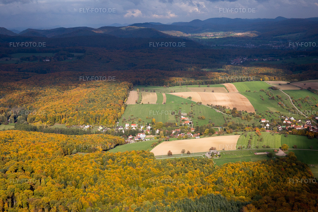 Luftbild: Ortsansicht in Frœschwiller im Bundesland Bas-Rhin in Frankreich. Foto: IMG_084612.jpg vom 23.10.2015 durch Werner Riehm/FLY-FOTO.de