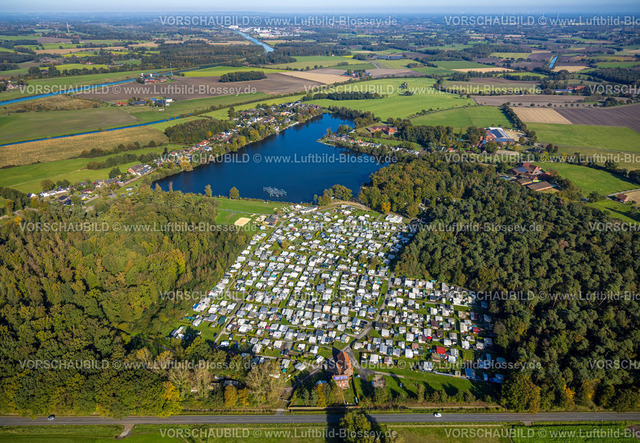Selm241011785 | Luftbild, Ternscher See und Campingplatz Seepark Ternsche Naturfreibad, Campinghäuser und Wohnwagen, Fluss Stever, Wohngebiet Strandweg, Ternsche, Selm, Münsterland, Nordrhein-Westfalen, Deutschland