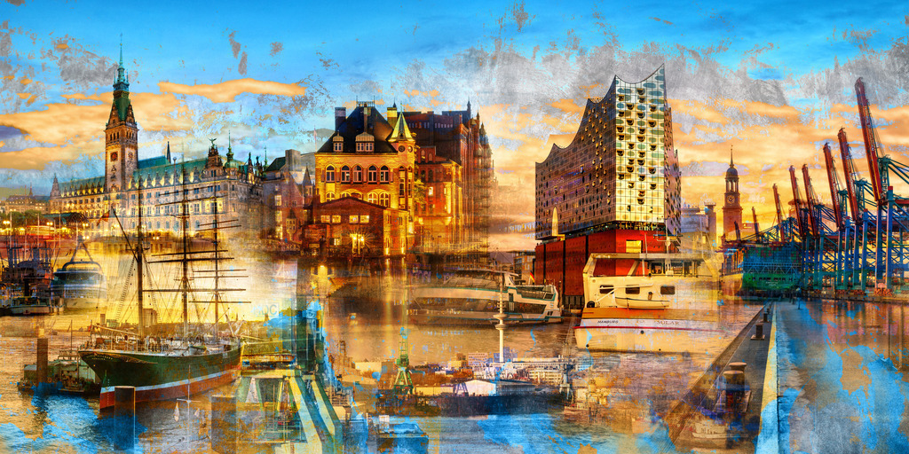 10251109 - Hamburg Collage 068 | Eine pulsierende Komposition aus Elbphilharmonie, Rathaus und Hafenkränen. Die intensive Farbpalette und die verwobenen Texturen fangen die Seele der Hansestadt in einem dynamischen Gesamtbild ein.