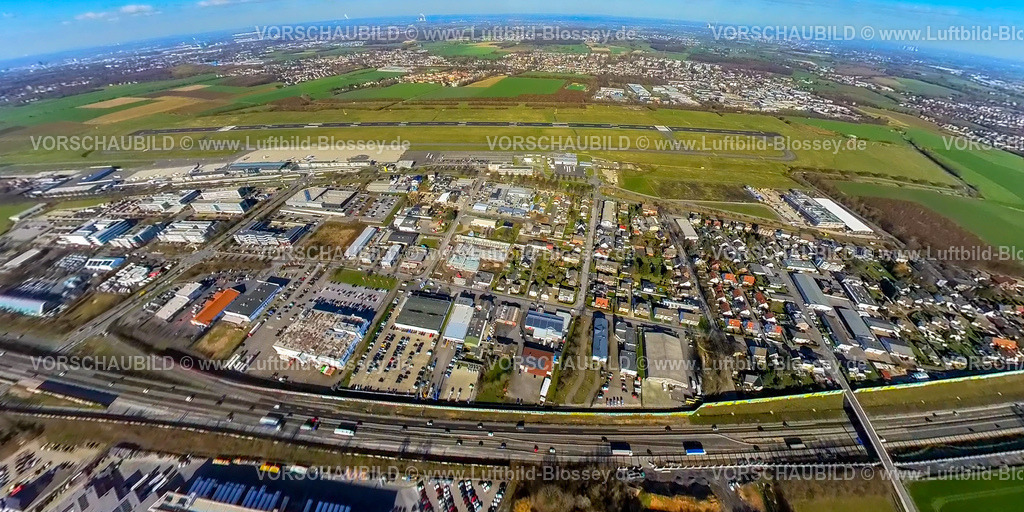 Holzwickede230220014FlughafenDortmund | Luftbild, Gewerbegebiet und Flughafen Dortmund Airport, Erdkugel, Fisheye Aufnahme, Fischaugen Aufnahme, 360 Grad Aufnahme, Stadtgrenze Dortmund, Holzwickede, Ruhrgebiet, Nordrhein-Westfalen, Deutschland