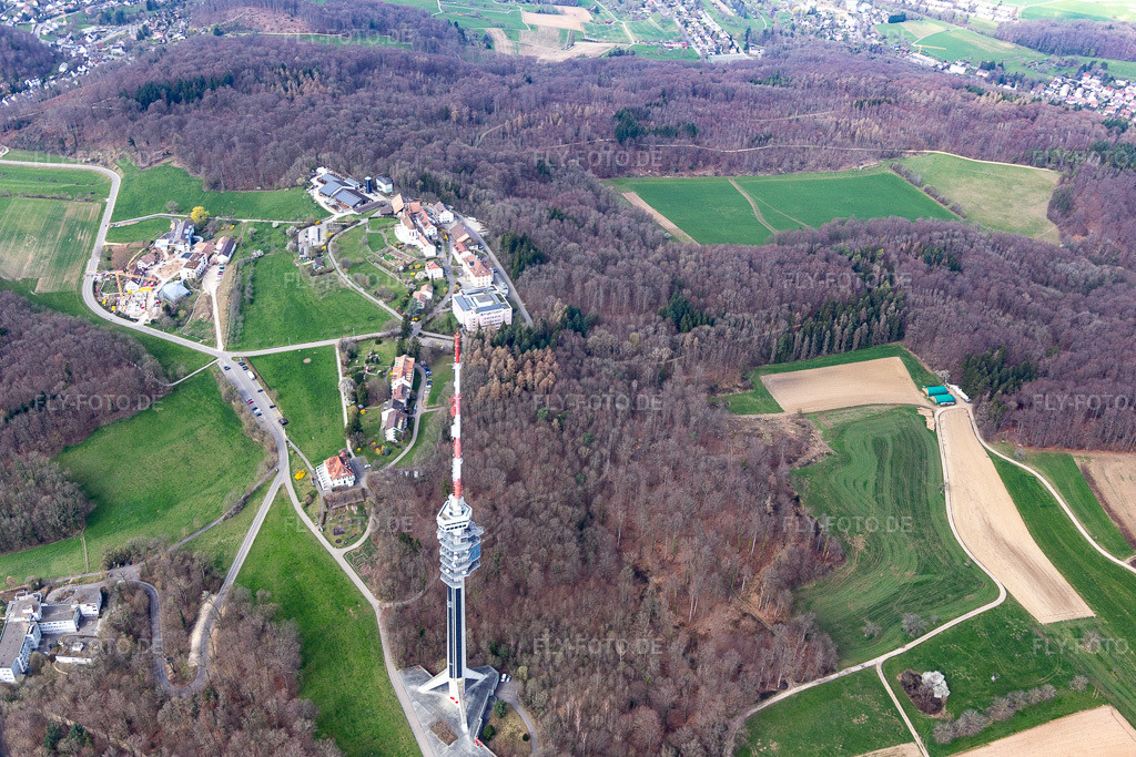 Luftbild: Fernsehturm St. Chrischona in Bettingen im Bundesland Basel-Stadt in Schweiz. Foto: IMG_120214.jpg vom 17.03.2020 durch Werner Riehm/FLY-FOTO.de
