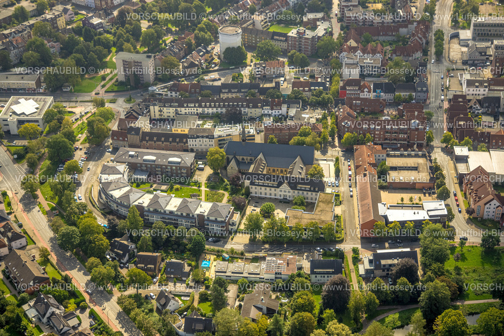 Hamm230900262 | Luftbild, kath. Pfarrkirche St. Agnes und Hansa Seniorenheim An St. Agnes, St. Franziskus Berufskolleg, Mitte, Hamm, Ruhrgebiet, Nordrhein-Westfalen, Deutschland