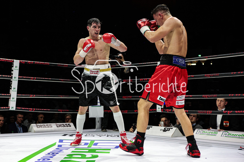 Profi - Box - Gala / Main Event | Timour NIKARKHOEV (schwarze Hose) in seinem Kampf gegen Robin KRASNIQI (rote Hose)
