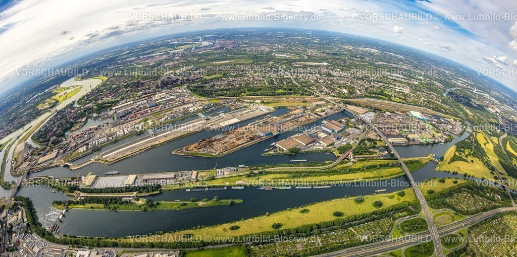 Duisburg240705412-2-Nord | Luftbild, Duisburger Hafen, duisport fish-eye, Duisburg-Nord Hafengebiet mit Ölinsel, Kohleninsel und Schrottinsel, Autobahn A59 und Autobahn A40 mit Autobahnkreuz Duisburg, Fluss Ruhr und Rhein-Herne-Kanal, links der Fluss Rhein und Fluss Ruhr Mündungsgebiet, Erdkugel, Fisheye Aufnahme, Fischaugen Aufnahme, 360 Grad Aufnahme, tiny world, little planet, fisheye Bild, Ruhrort, Duisburg, Ruhrgebiet, Nordrhein-Westfalen, Deutschland