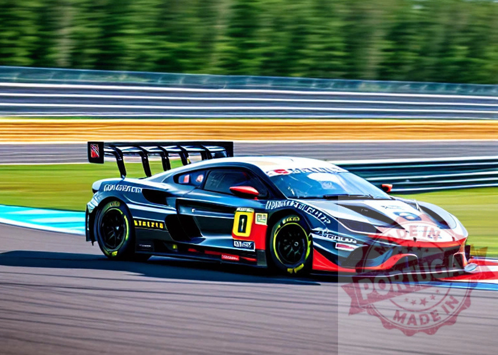 Race car speeding around racetrack during motorsport event. AI Experiments | Race car navigating a turn on a racetrack, blurring with speed - Realisiert mit Pictrs.com