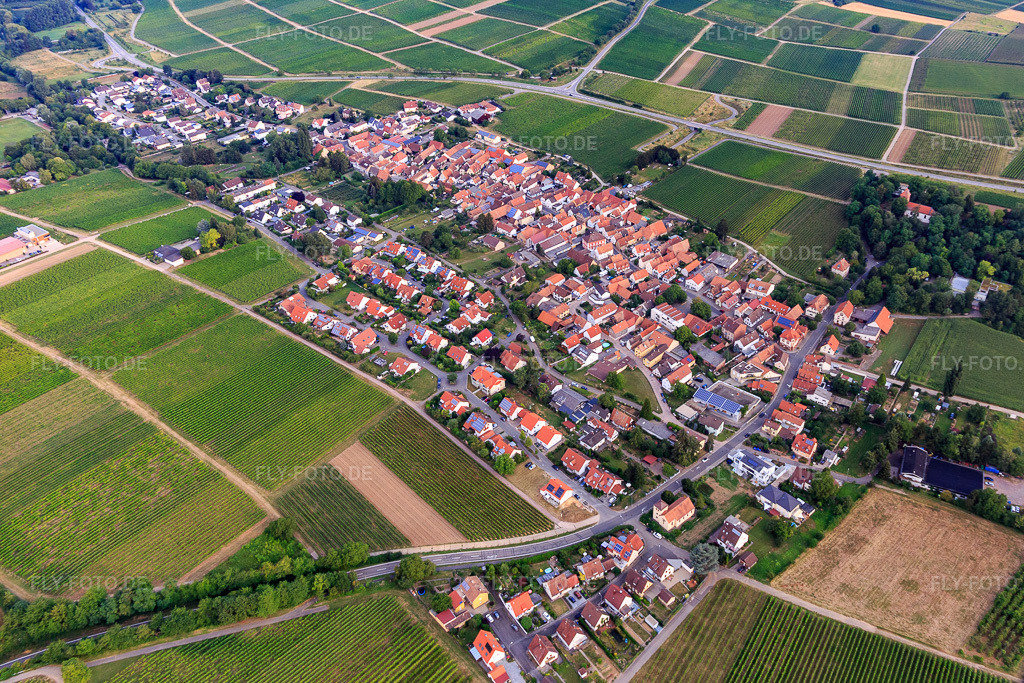 Luftbild: Ortsansicht von Südosten im Ortsteil Wollmesheim in Landau im Bundesland Rheinland-Pfalz in Deutschland. Foto: IMG_108817.jpg vom 15.07.2018 durch Werner Riehm/FLY-FOTO.de