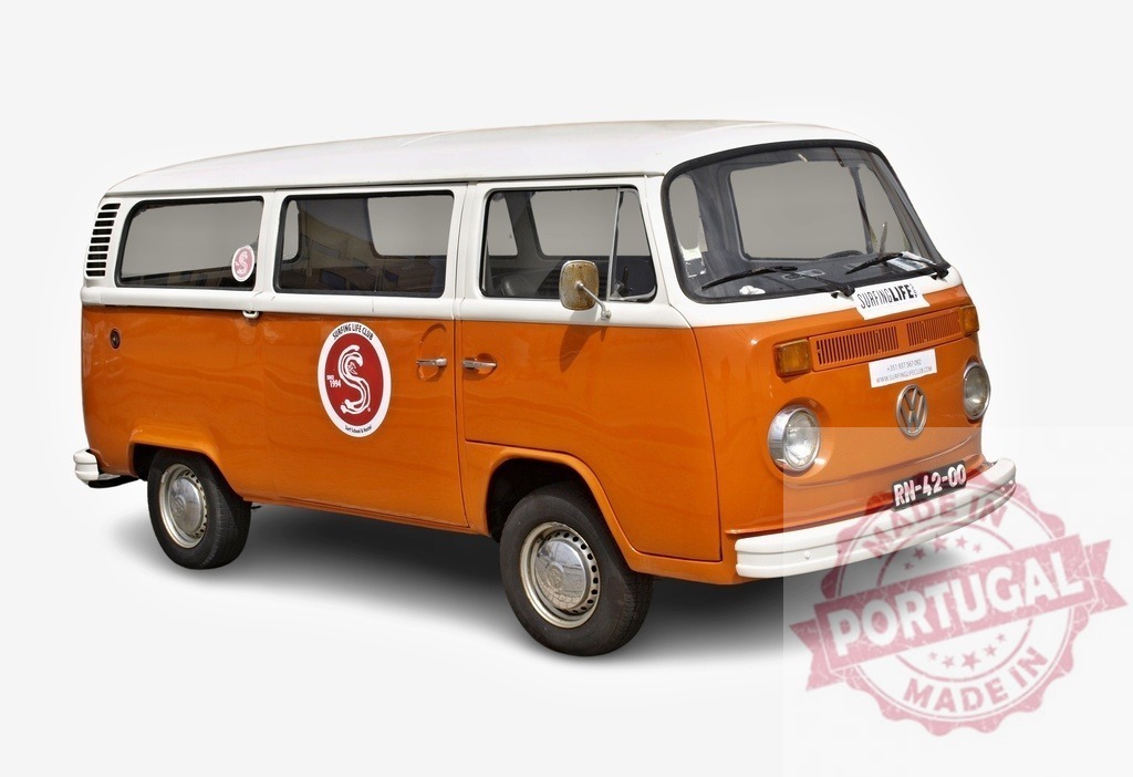 Orange and white Volkswagen Kombi T2 is parked, showing surfing life stickers | Classic Volkswagen Kombi T2 van in orange and white, parked and displaying surfing life stickers, evokes a sense of adventure and freedom - Realized with Pictrs.com