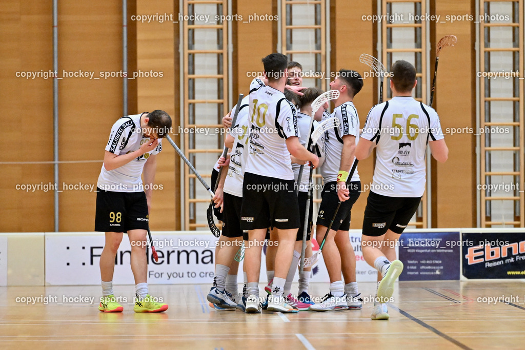 FBK Loka vs. VSV Unihockey | Jubel FBK Loka Mannschaft, #98 Gasper Triler FBK Loka, #10 Luka Peklaj FBK Loka, #56 Lovro Oblak FBK Loka, FBK Loka vs. VSV Unihockey, FBK Loka vs. VSV Unihockey am 23.03.2025 in Villach (Ballspielhalle St. Martin), Austria, (Photo by Bernd Stefan)