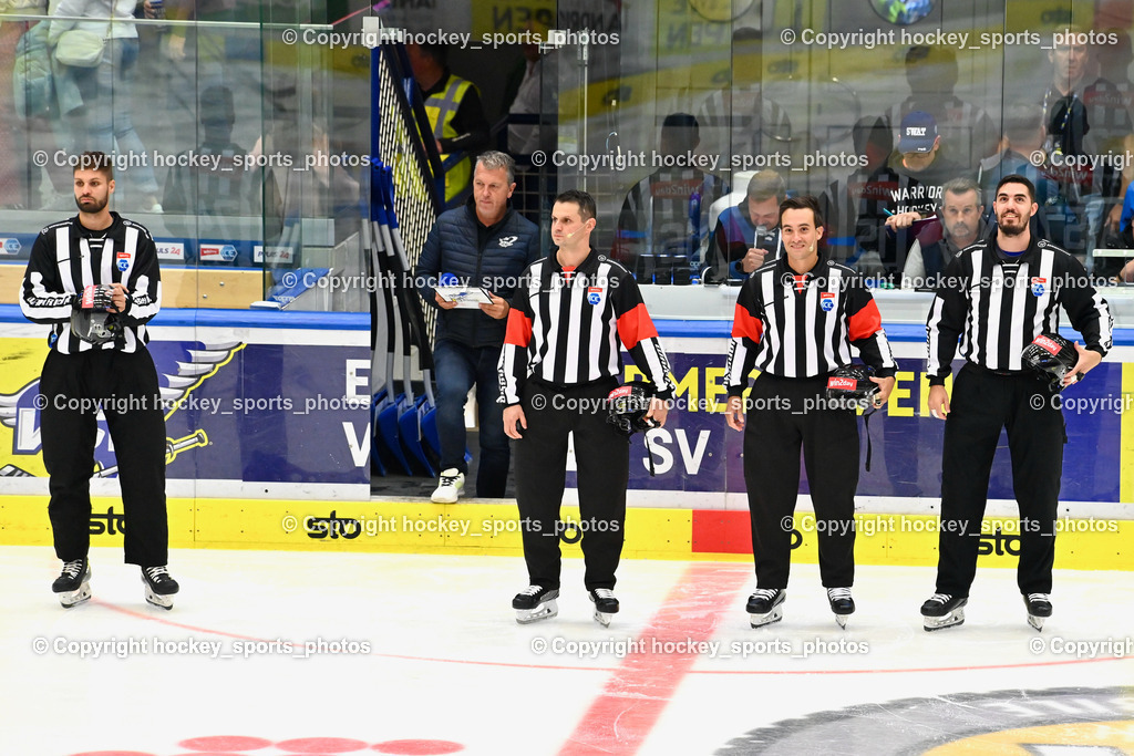 EC IDM Wärmepumpen VSV vs. HC Pustertal 8.10.2023 | ZRNIC MILAN Referee, OFNER CHRISTIAN Referee, VACZI DAVID Linesmann, MUZSIK NORBERT Linesmann, EC IDM Wärmepumpen VSV vs. HC Pustertal 8.10.2023, EC IDM Wärmepumpen VSV vs. HC Pustertal am 08.10.2023 in Villach (Stadthalle Villach), Austria, (Photo by Bernd Stefan)