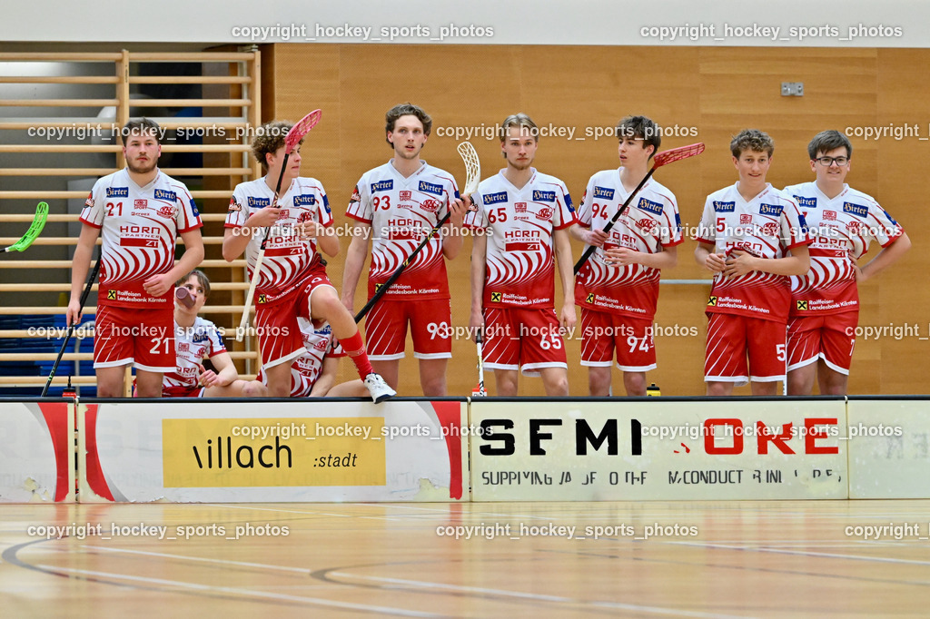 VSV Unihockye vs. KAC Floorball | KAC Floorball Spielerbank, #21 Tobias Grabner KAC Floorball, #80 Lino Roth KAC Floorball, #93 Marcel Gappmayer KAC Floorball, #65 Viktor Lesnjak KAC Floorball, #94 Moritz Gunzer KAC Floorball, #5 Felix Hreniuk KAC Floorball, #7 Niklas Pucher KAC Floorball, VSV Unihockye vs. KAC Floorball, VSV Unihockye vs. KAC Floorball am 13.04.2025 in Villach (Ballspielhalle St. Martin), Austria, (Photo by Bernd Stefan)