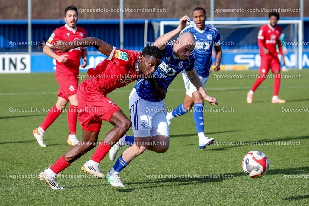 xSSCx15022601039 | 15.02.2026, xsscx, Herren Fussball, FC Schalke 04 U23 - Wuppertaler SV, Regionalliga West, 22. Spieltag, Parkstadion, Saison 2025 2026: Josue Santo (Wuppertaler SV #11) im Zweikampf gegen Tim Dietrich (FC Schalke 04 #16) DFB regulations prohibit any use of photographs as image sequences and or quasi-video. Photo: xSandraxScherningxPressefotoKochx