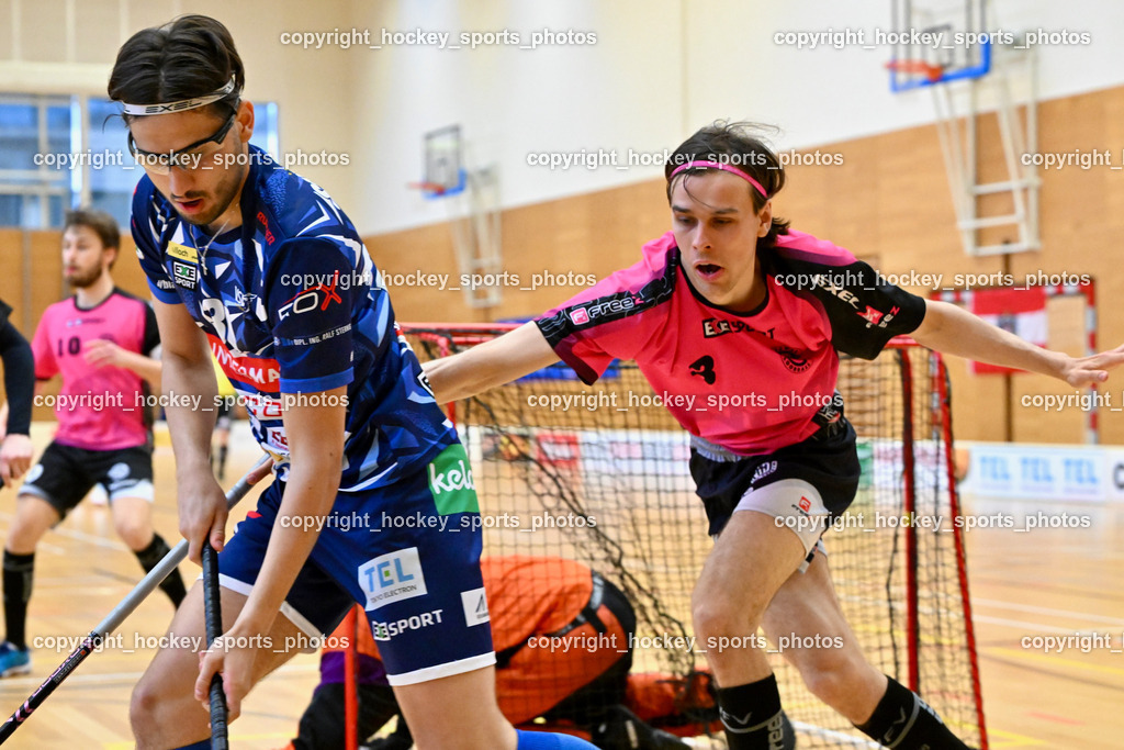 VSV Unihockey vs. Wiener Floorballferein 6.4.2024 | #30 Christoph Steiner VSV Unihockey, #3 Jesse Laukkanen Wiener Floorballverein, VSV Unihockey vs. Wiener Floorballferein 6.4.2024, VSV Unihockey vs. Wiener Floorballferein  am 06.04.2024 in Villach (Ballspielhalle St. Martin), Austria, (Photo by Bernd Stefan)