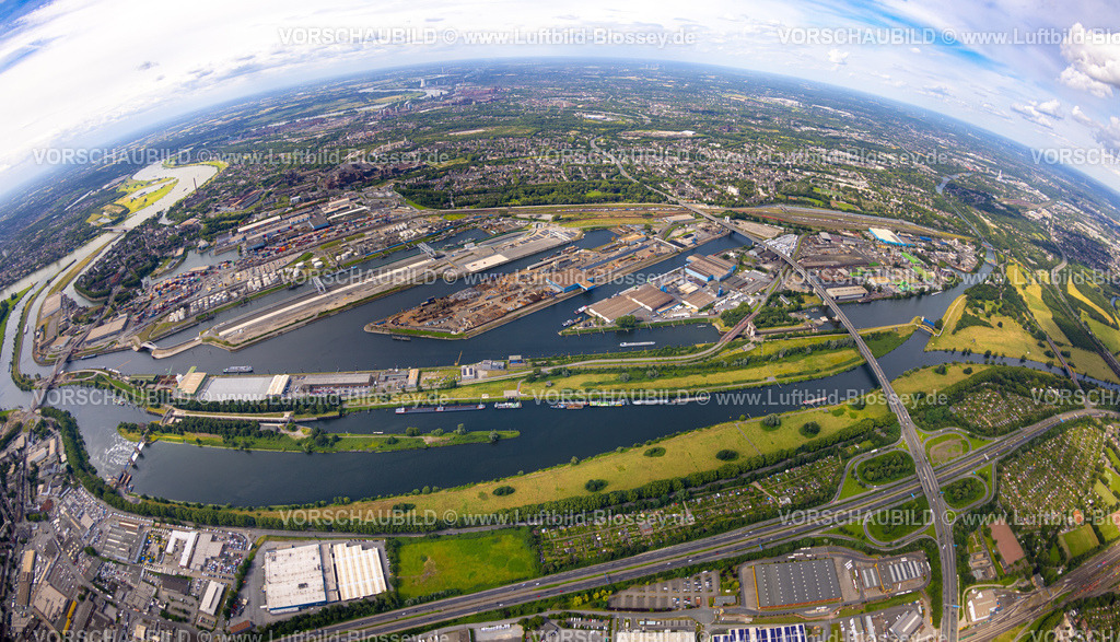 Duisburg240705406-Nord | Luftbild, Duisburger Hafen, duisport fish-eye, Duisburg-Nord Hafengebiet mit Ölinsel, Kohleninsel und Schrottinsel, Autobahn A59 und Autobahn A40 mit Autobahnkreuz Duisburg, Fluss Ruhr und Rhein-Herne-Kanal, links der Fluss Rhein und Fluss Ruhr Mündungsgebiet, Erdkugel, Fisheye Aufnahme, Fischaugen Aufnahme, 360 Grad Aufnahme, tiny world, little planet, fisheye Bild, Ruhrort, Duisburg, Ruhrgebiet, Nordrhein-Westfalen, Deutschland