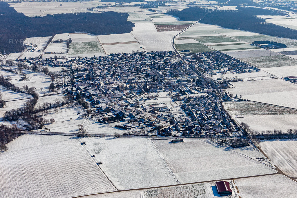Luftbild: Winterluftbild im Schnee in Steinweiler im Bundesland Rheinland-Pfalz in Deutschland. Foto: IMG_124737.jpg vom 11.02.2021 durch Werner Riehm/FLY-FOTO.de