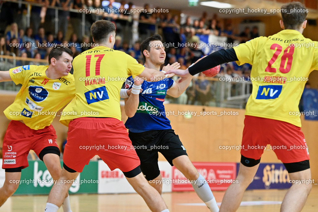 SC Ferlach vs. UHK Krems | #28 Munzinger Luca UHK KREMS, #17 GRANLUND Robin UHK KREMS, #19 Knez Domen UHK KREMS, #10 Perkusic Toni SC Ferlach, SC Ferlach vs. UHK Krems, SC Ferlach vs. UHK Krems am 02.05.2026 in Ferlach (Ballspielhalle Ferlach), Austria, (Photo by Bernd Stefan)