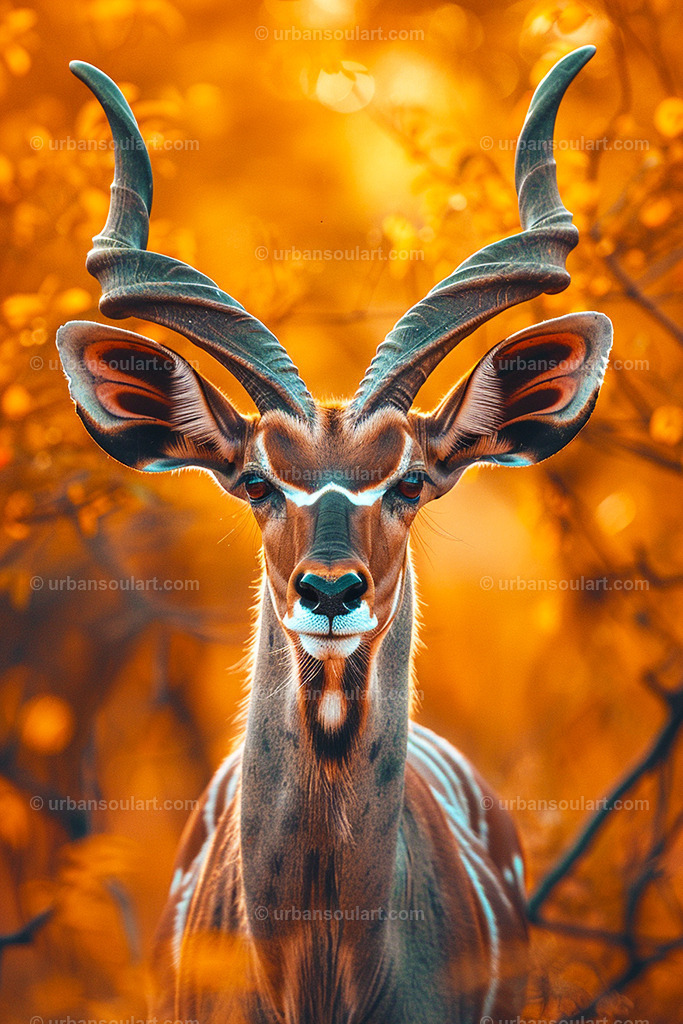 Kudu Molded With Impressive Horns | A stunning portrait of a kudu with magnificent, spiraling horns against a warm background. Ideal for nature lovers and wildlife art enthusiasts, this piece adds a unique touch of African elegance to any room. - Realisiert mit Pictrs.com