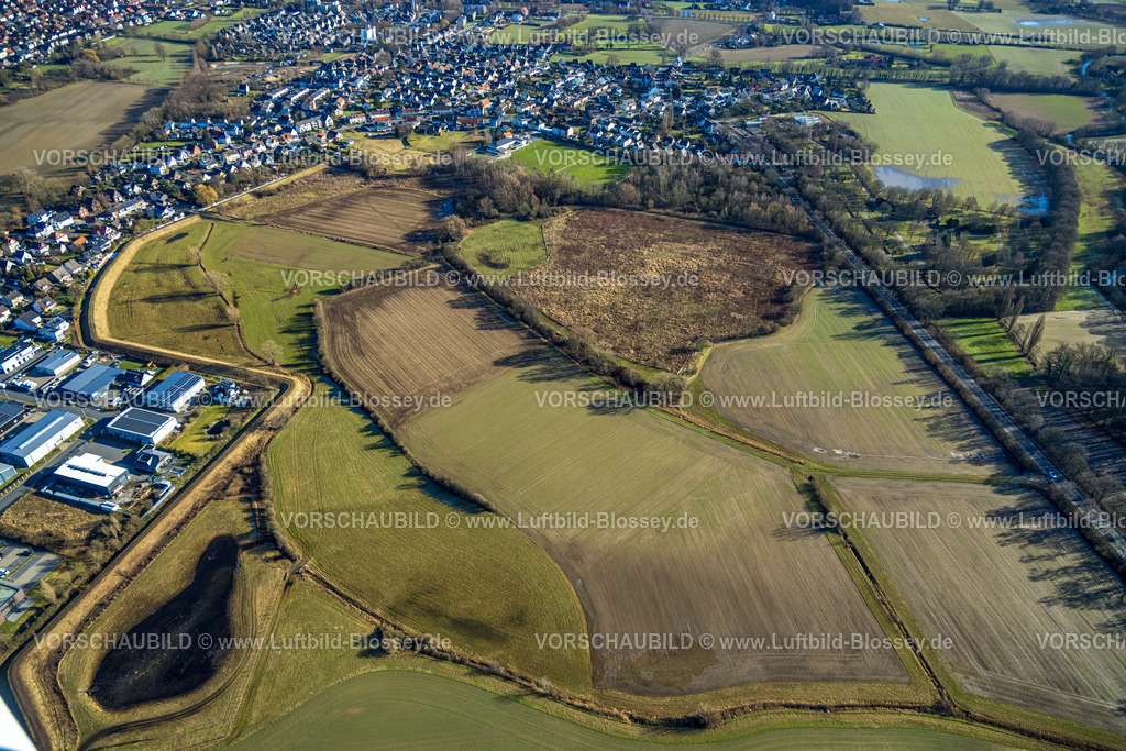 Hamm240105262 | Luftbild des ehemaligen Überschwemmungsgebietes zwischen Hohefeldweg und soester Strasse, ehemaliges Ahsehochwasser, Damm an der Soester Strase,  Uentrop, Hamm, Ruhrgebiet, Nordrhein-Westfalen, Deutschland