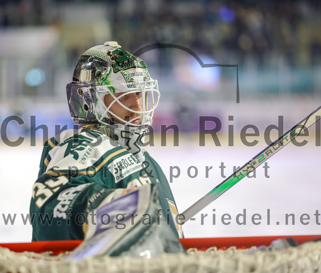 2025-09-26_114_TSV_Erding_gegen_SC_Riessersee | Erding, Deutschland, 26.09.2025:Eishockey, Oberliga Süd 2025 / 2026, 3. Spieltag, TSV Erding gegen SC Riessersee, Endergebnis: 3:5Torwart Leon Meder (Erding Gladiators, #39)Foto: Christian Riedel / fotografie-riedel.net