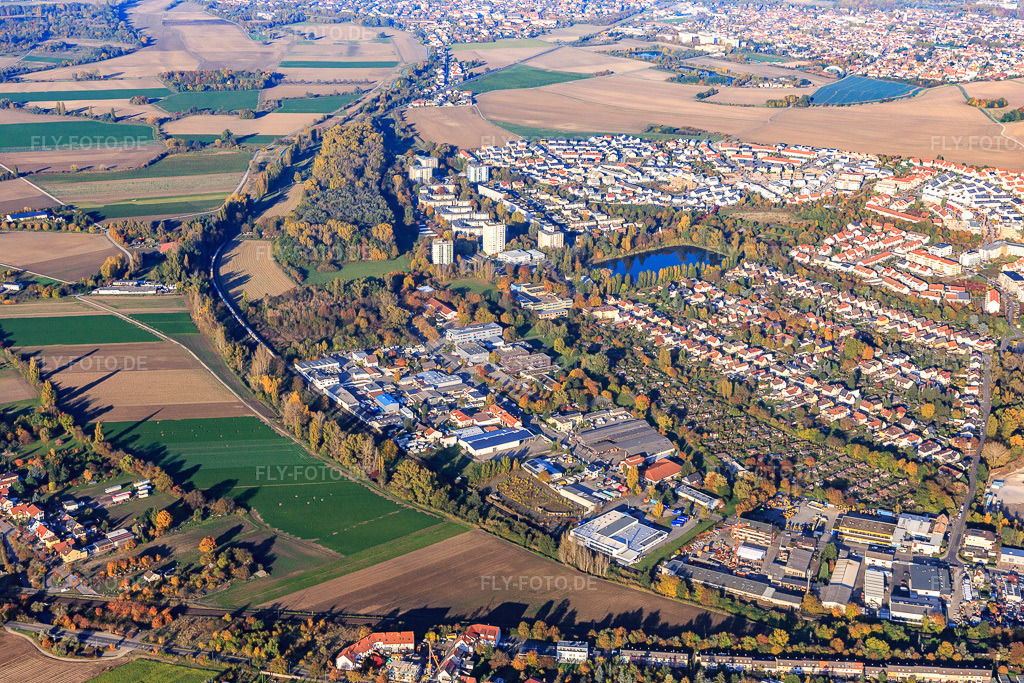 Luftbild: Ortsteil Melm aus Südwesten im Ortsteil Oggersheim in Ludwigshafen im Bundesland Rheinland-Pfalz in Deutschland. Foto: IMG_095557.jpg vom 30.10.2016 durch Werner Riehm/FLY-FOTO.de