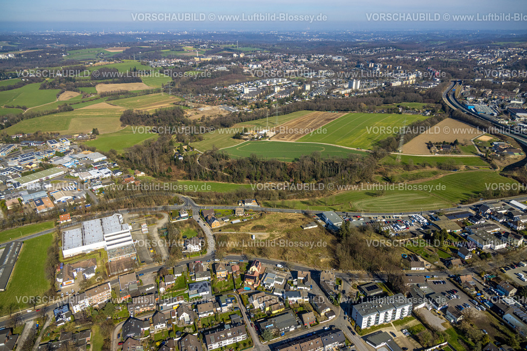 Heiligenhaus240301878 | Luftbild, Gewerbegebiet Pinner Straße, Wiesen und Felder, Firmengelände PST - professional support technologies gmbh, Blick zum Ortsteil Birth, Hetterscheidt, Heiligenhaus, Ruhrgebiet, Nordrhein-Westfalen, Deutschland
