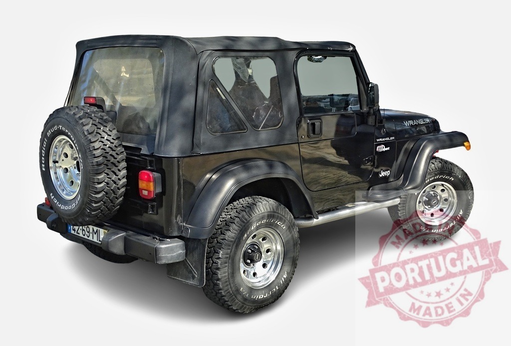 Black Jeep Wrangler parking on white background | Black Jeep Wrangler with soft top parked on a white background, ready for adventure - Realized with Pictrs.com