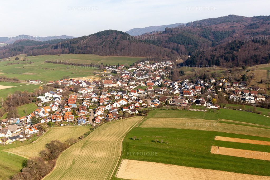 Luftbild: Dorf - Ansicht am Schwarzwaldrand in Sölden im Bundesland Baden-Württemberg in Deutschland. Foto: IMG_113002.jpg vom 22.03.2019 durch Werner Riehm/FLY-FOTO.de