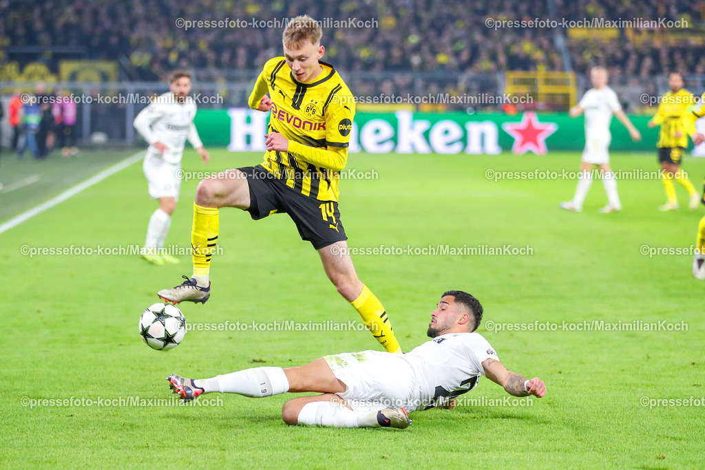 BVB05112401021 | 05.11.2024, Fußball, UEFA Champions League, Borussia Dortmund - SK Sturm Graz, 4. Spieltag, Signal Iduna Park, Saison 2024 2025: Maximilian Beier (BVB #14) gegen Jusuf Gazibegovic (Graz #22)