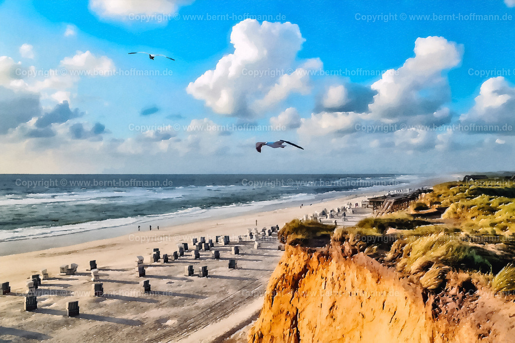 PDM2_8028_Kampen-Kliff_180x120 | DIGITALKUNST. Möwen im Aufwind – Rotes Kliff in Kampen. __ Sommersturm am Nordseestrand. Kurz vor Sonnenuntergang zeichnet die Sonne lange Schatten der Starndkörbe auf den hellen Sand. Möwen nutzen den Aufwind am Roten Kliff von Kampen auf der Insel Sylt. - Realisiert mit Pictrs.com