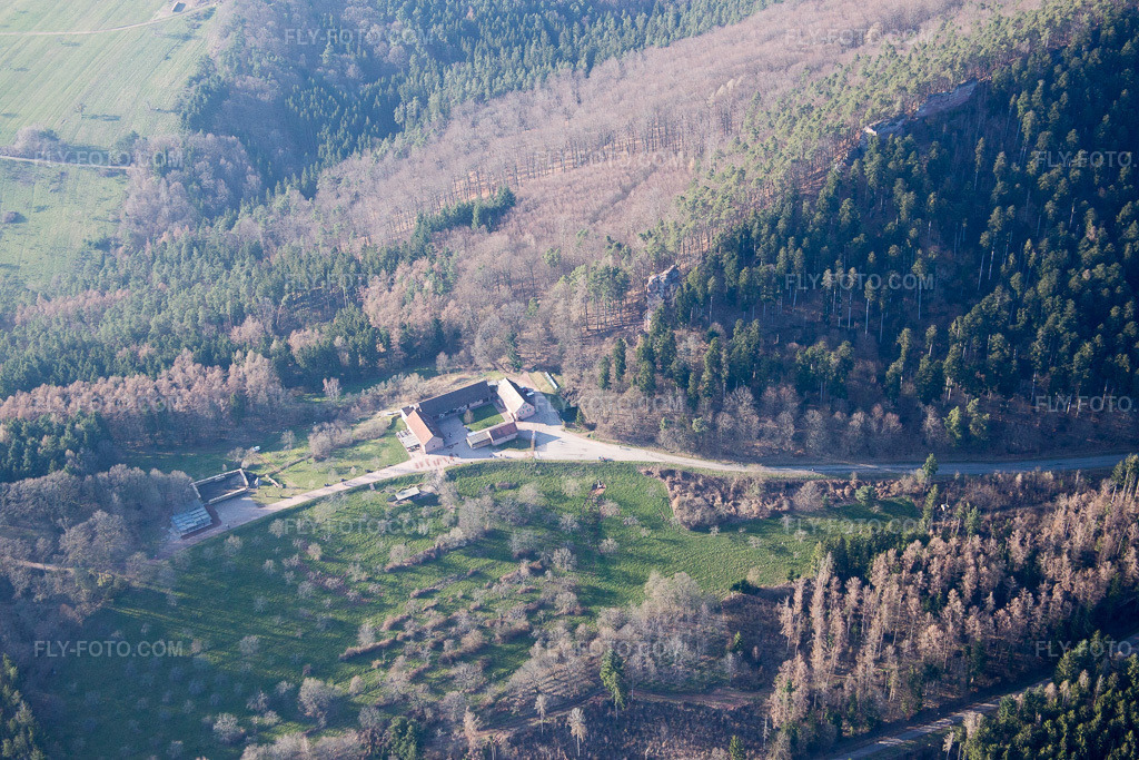 Aerial view: Gimbelhof in Wingen in the state Bas-Rhin, France. – Photo: IMG_086702.jpg taken on 03/26/2016 by Werner Riehm/FLY-FOTO.com – Resolution of the original: 5472 x 3648 px