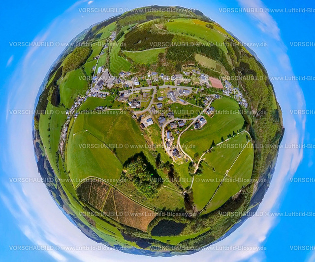 Schmallenberg240590289Rarbach | Luftbild, Wohngebiet Ortsansicht Ortsteil Rarbach, umgeben von Wiesen und Feldern, Erdkugel, Fisheye Aufnahme, Fischaugen Aufnahme, 360 Grad Aufnahme, tiny world, little planet, fisheye Bild, Kirchrarbach, Schmallenberg, Sauerland, Nordrhein-Westfalen, Deutschland