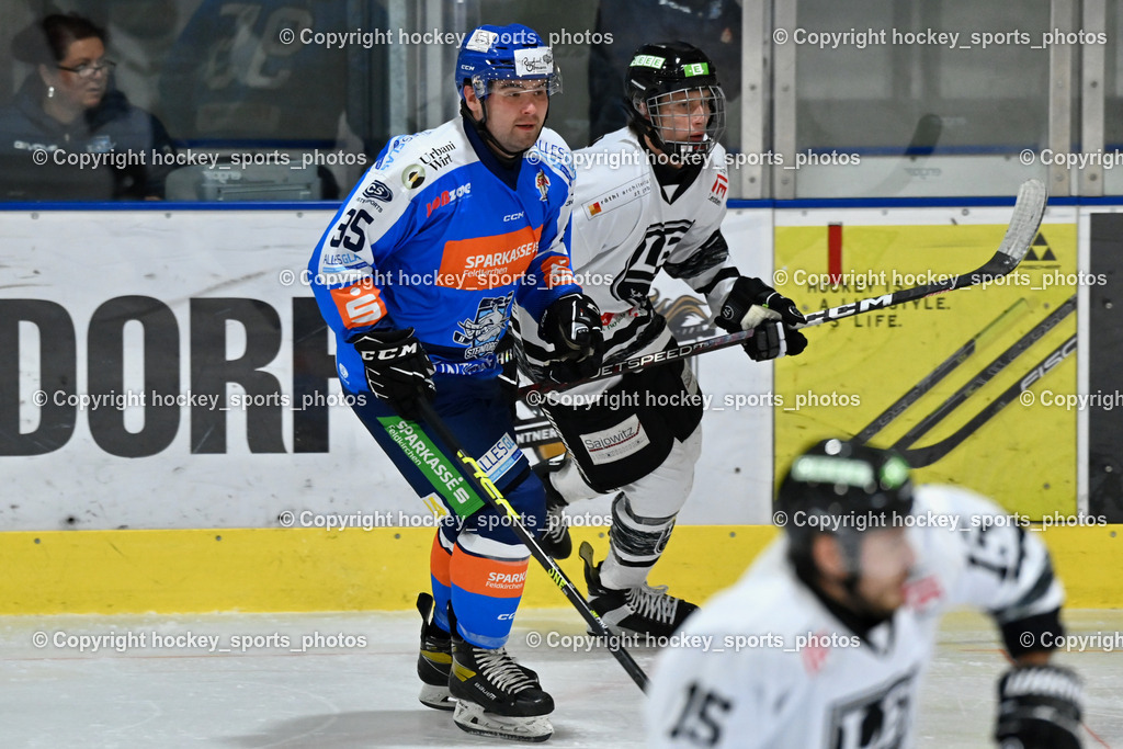 ESC Sparkasse Steindorf vs. LE Kings | #95 Gelfanov Ruslan ESC Steindorf, #14 Reisinger Julian LE Kings, ESC Sparkasse Steindorf vs. LE Kings, ESC Sparkasse Steindorf vs. LE Kings am 01.11.2025 in Steindorf (Ossiachersee Halle), Austria, (Photo by Bernd Stefan)