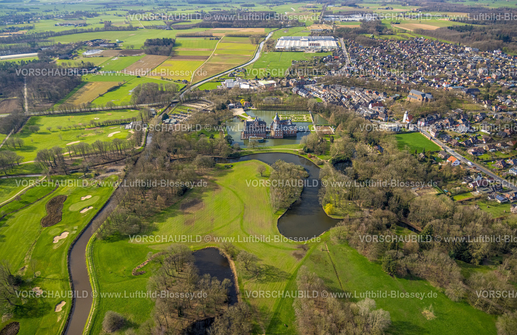 Isselburg240314084 | Luftbild, Schloss Wasserburg Anholt mit Schlosspark und Barockgarten, Restaurant Wasserpavillon, Fluss Issel, Anholt, Isselburg, Nordrhein-Westfalen, Deutschland