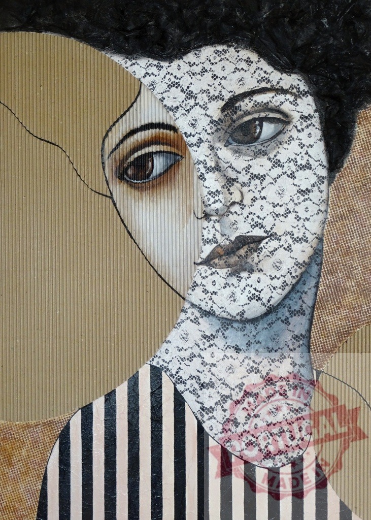 Woman portrait in intricate mixed media art collage | Woman portrait created with corrugated cardboard, lace, and striped patterns, forming an abstract collage - Realized with Pictrs.com