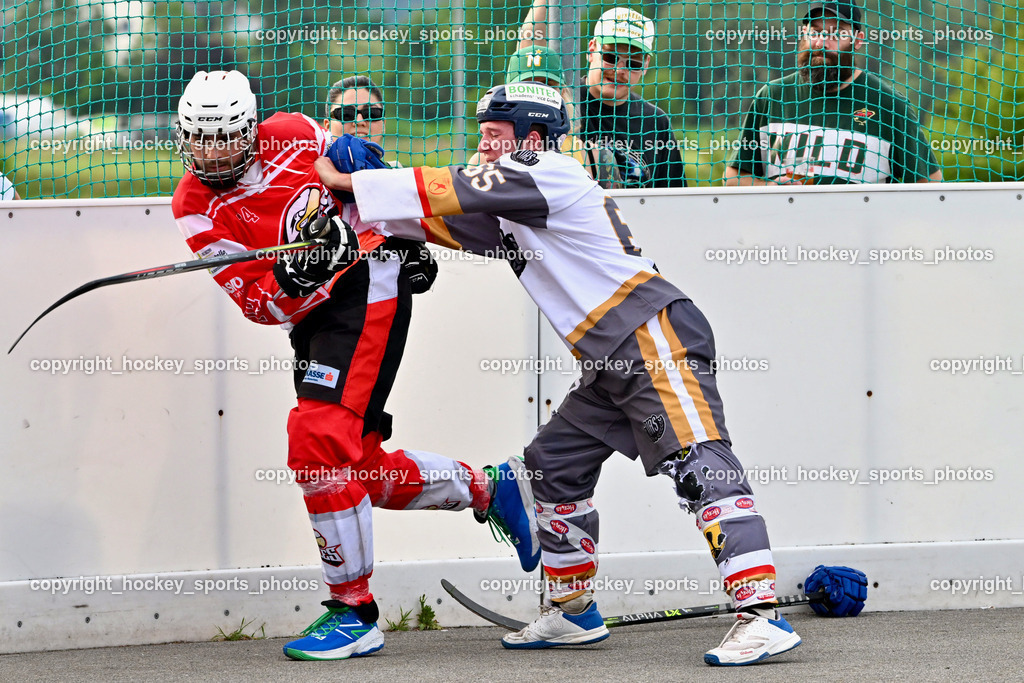VAS Ballhockey vs. HSC Eagles Poggersdorf | #74 Topelzer Daniel, #65 Ortner Stefan, VAS Ballhockey vs. HSC Eagles Poggersdorf, VAS Ballhockey vs. HSC Eagles Poggersdorf am 14.07.2024 in Villach (Alpen Arena ), Austria, (Photo by Bernd Stefan)