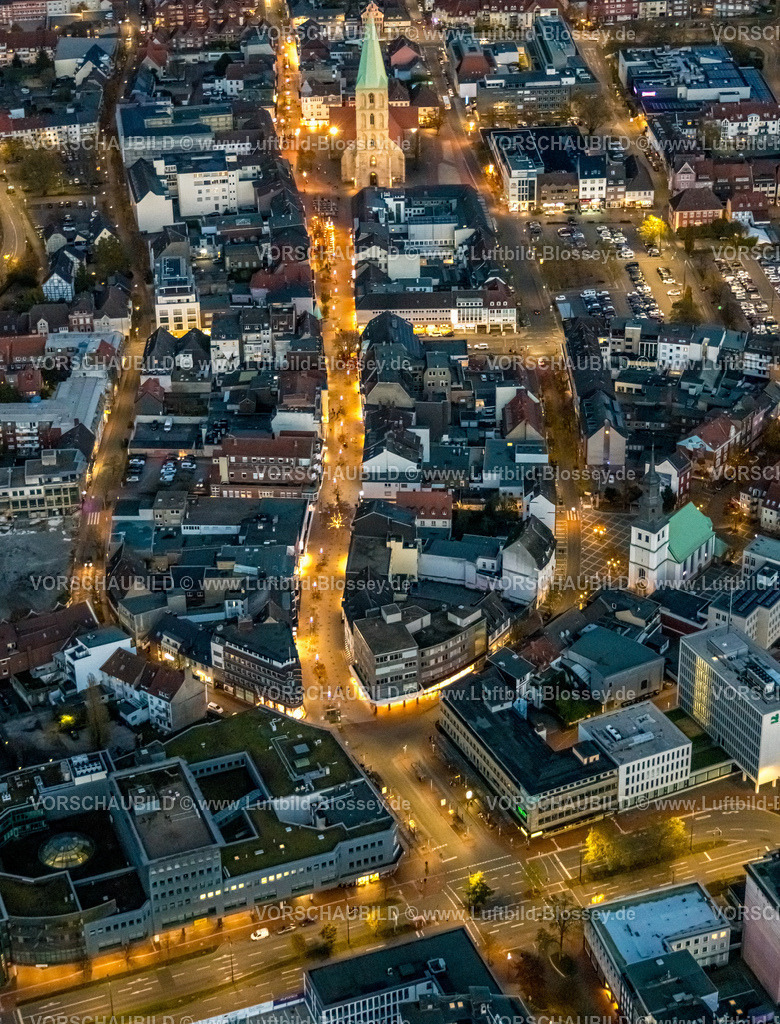 Hamm231103769Nacht-2 | Luftbild, Nachtaufnahme, City Innenstadt mit Ritterstraße und Weststraße bis zur evangelischen Pauluskirche, Mitte, Hamm, Ruhrgebiet, Nordrhein-Westfalen, Deutschland