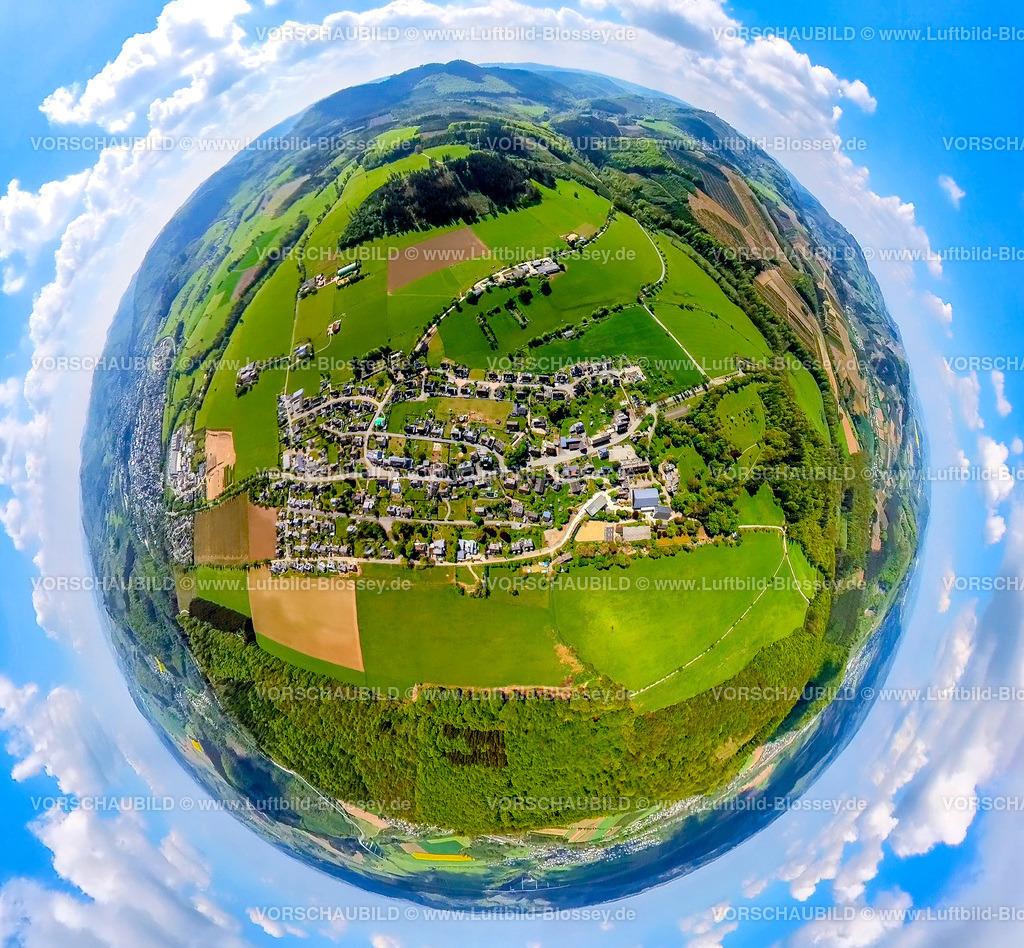 Olsberg240590420Gevelinghausen | Luftbild, Wohngebiet Ortsansicht Ortsteil Gevelinghausen, umgeben von Wiesen und Feldern, Erdkugel, Fisheye Aufnahme, Fischaugen Aufnahme, 360 Grad Aufnahme, tiny world, little planet, fisheye Bild, Gevelinghausen, Olsberg, Sauerland, Nordrhein-Westfalen, Deutschland