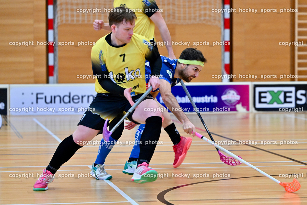 VSV Unihockey  vs. FBK Loka  | #7 Anže Podobnik FBK Loka, #14 Michael Klemm VSV Unihockey, VSV Unihockey  vs. FBK Loka , VSV Unihockey  vs. FBK Loka  am 25.01.2026 in Villach (Ballspielhalle St. Martin), Austria, (Photo by Bernd Stefan)