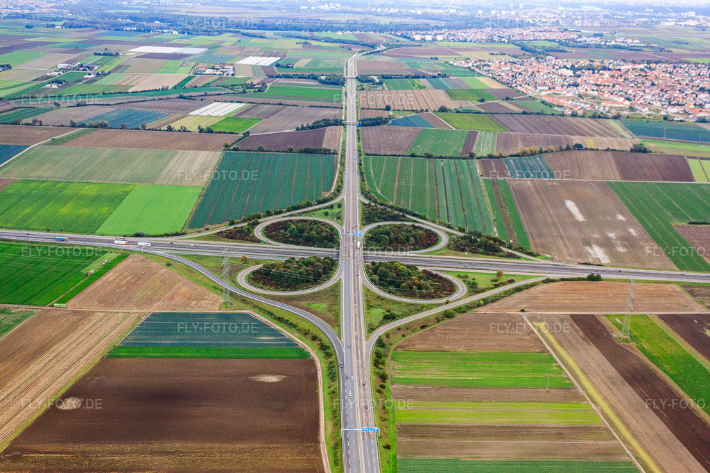 Luftbild: Autbahnkreuz Mutterstadt A65/A61 in Mutterstadt im Bundesland Rheinland-Pfalz in Deutschland. Foto: IMG_34184.jpg vom 02.10.2010 durch Werner Riehm/FLY-FOTO.deAuflösung des Originals: 4752 x 3168 px