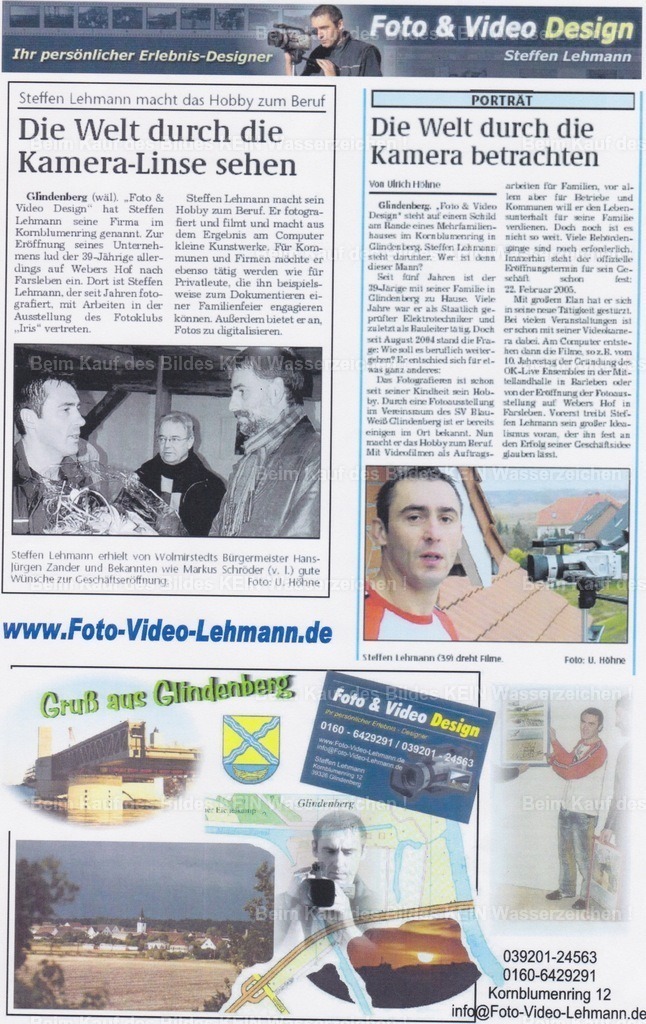 63_Lehmann 8 | Die ersten Spuren---Die örtliche Ausgabe der Zeitung in Wolmirstedt berichtete über meinen Start in die Selbstständigkeit – für mich damals etwas ganz Besonderes. Zum ersten Mal wurde aus einer Idee eine Geschichte, die auch andere Menschen interessierte.---In dieser Zeit entstand auch mein erster Flyer. Aus heutiger Sicht ich würde vieles anders gestalten. Aber genau darum ging es damals nicht. Ich wollte meine Leistungen sichtbar machen und den Mut haben, mich und meine Arbeit zu präsentieren. Gleiches gilt für meine erste Visitenkarte – sie war klein, einfach und trotzdem ein wichtiger Schritt.---Mein Wohnort Glindenberg war in dieser Anfangszeit der Mittelpunkt meines neuen Berufslebens. ---Wenn ich diese Zeitungsartikel, Entwürfe und Visitenkarten heute in den Händen halte, erinnern sie mich daran, dass jedes Unternehmen einmal mit kleinen Schritten beginnt. - Realisiert mit Pictrs.com